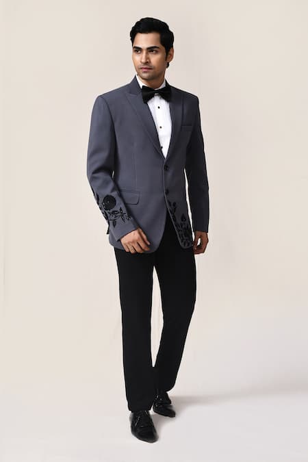 Aryavir Malhotra_Gray Rayon, Satin, Silk Embroidery Grey Suit Set _at_Aza_Fashions