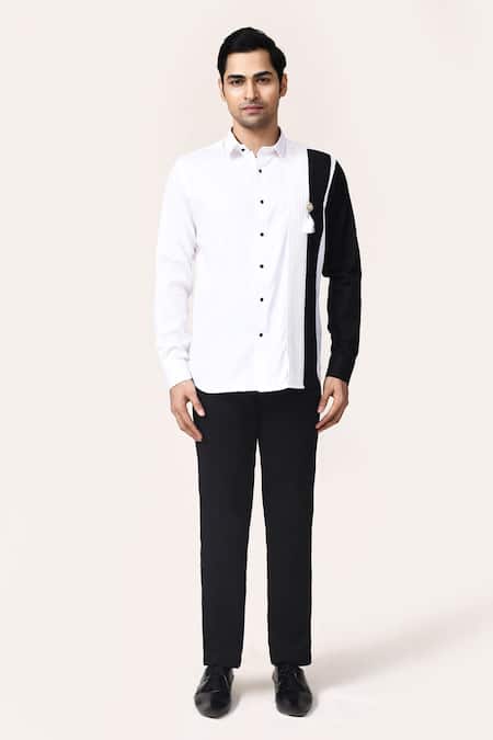 Aryavir Malhotra_White Cotton Tassels, Brooches Giza Color Block Shirt _Online_at_Aza_Fashions