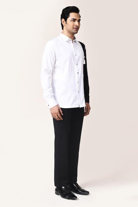 Buy_Aryavir Malhotra_White Cotton Tassels, Brooches Giza Color Block Shirt _Online_at_Aza_Fashions