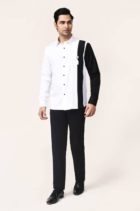 Shop_Aryavir Malhotra_White Cotton Tassels, Brooches Giza Color Block Shirt _Online_at_Aza_Fashions