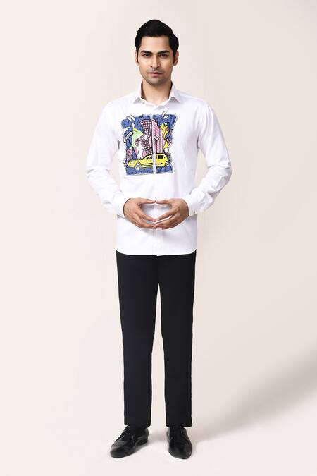 Shop_Aryavir Malhotra_White Cotton Applique Hand Work Shirt _Online_at_Aza_Fashions