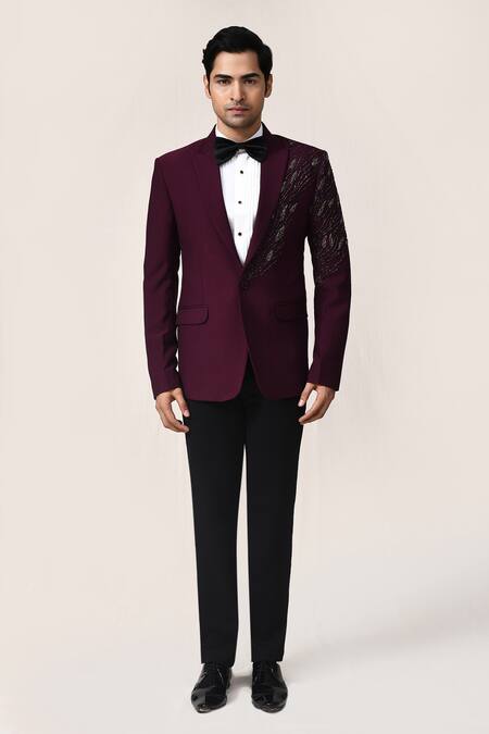 Buy_Aryavir Malhotra_Wine Rayon, Satin, Silk Zari, Metallic Thread Jari Work Suit Set _Online_at_Aza_Fashions