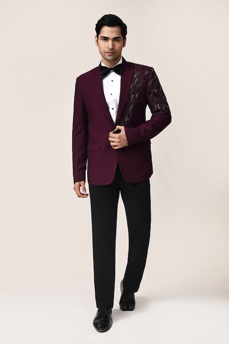 Shop_Aryavir Malhotra_Wine Rayon, Satin, Silk Zari, Metallic Thread Jari Work Suit Set _Online_at_Aza_Fashions