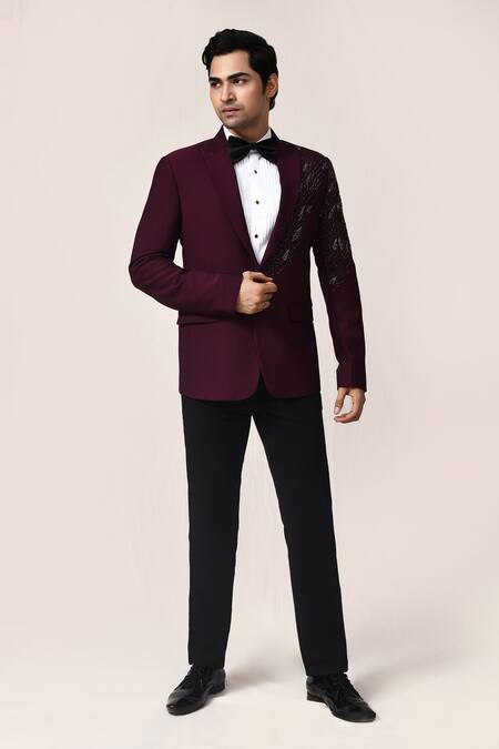 Aryavir Malhotra_Wine Rayon, Satin, Silk Zari, Metallic Thread Jari Work Suit Set _at_Aza_Fashions