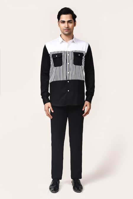 Aryavir Malhotra_White Cotton Black And Striped Shirt _Online_at_Aza_Fashions