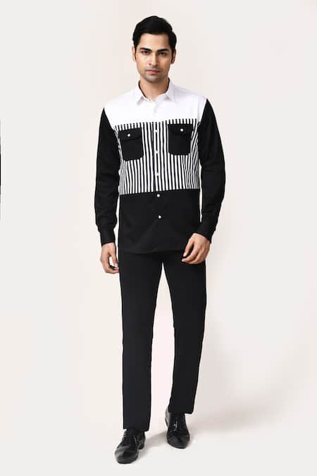 Shop_Aryavir Malhotra_White Cotton Black And Striped Shirt _Online_at_Aza_Fashions