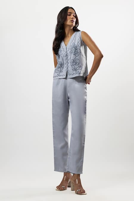 Linera_Blue Linen Embroidery V-neck Waistcoat And Pant Set _at_Aza_Fashions