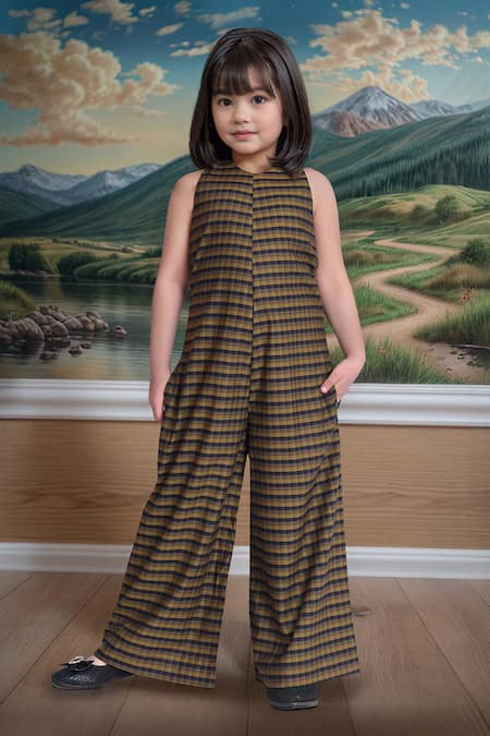 Petite Pomme Navy & Olive Checkered Jumpsuit 