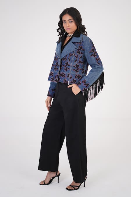 Buy Betrue Blue Denim, Cotton, Poplin Embroidery, Fringe V-neck, Artful Statement Jacket Online at Aza Fashions Buy_Betrue_Blue Denim, Cotton, Poplin Embroidery, Fringe V-neck, Artful Statement Jacket _Online_at_Aza_Fashions