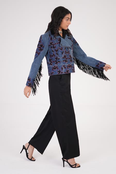 Shop Betrue Blue Denim, Cotton, Poplin Embroidery, Fringe V-neck, Artful Statement Jacket Online at Aza Fashions Shop_Betrue_Blue Denim, Cotton, Poplin Embroidery, Fringe V-neck, Artful Statement Jacket _Online_at_Aza_Fashions