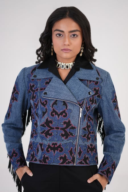 Buy Betrue Blue Denim, Cotton, Poplin Embroidery, Fringe V-neck, Artful Statement Jacket Buy_Betrue_Blue Denim, Cotton, Poplin Embroidery, Fringe V-neck, Artful Statement Jacket