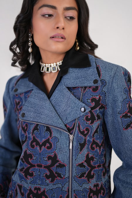 Shop Betrue Blue Denim, Cotton, Poplin Embroidery, Fringe V-neck, Artful Statement Jacket Shop_Betrue_Blue Denim, Cotton, Poplin Embroidery, Fringe V-neck, Artful Statement Jacket