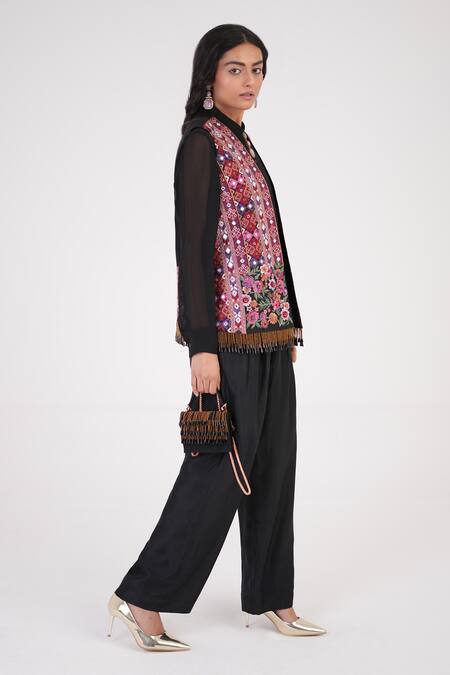Buy_Betrue_Black Embroidery, Mirrors, Beads Collared, Essential Silk Shirt With Waistcoat _Online_at_Aza_Fashions