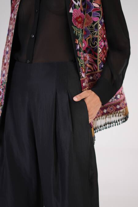 Shop_Betrue_Black Embroidery, Mirrors, Beads Collared, Essential Silk Shirt With Waistcoat _Online_at_Aza_Fashions