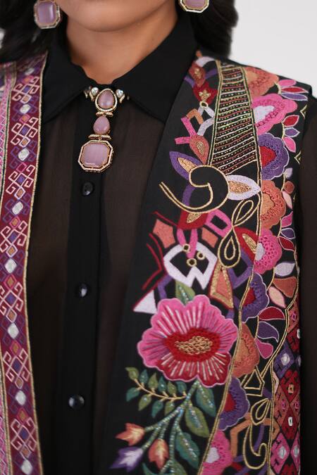 Betrue_Black Embroidery, Mirrors, Beads Collared, Essential Silk Shirt With Waistcoat _at_Aza_Fashions