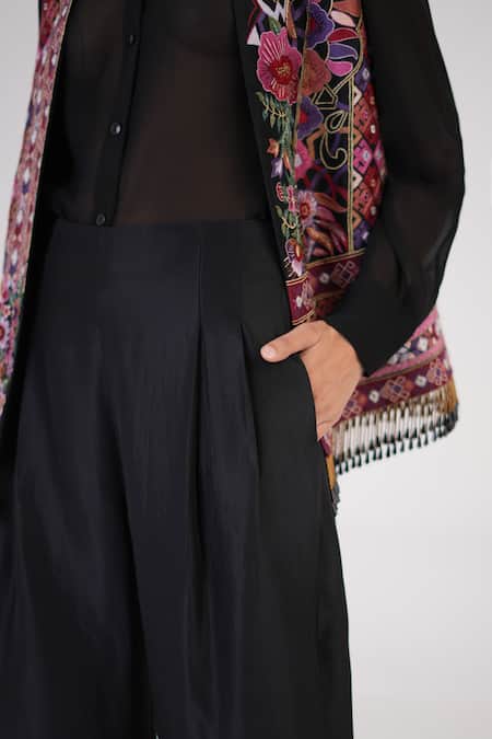 Shop_Betrue_Black Silk Embroidery, Mirrors, Beads Round Opulent Floral Pattern Waistcoat _Online_at_Aza_Fashions