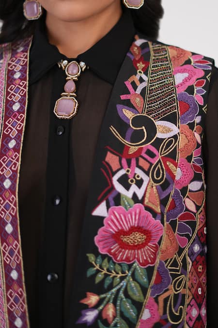 Betrue_Black Silk Embroidery, Mirrors, Beads Round Opulent Floral Pattern Waistcoat _at_Aza_Fashions