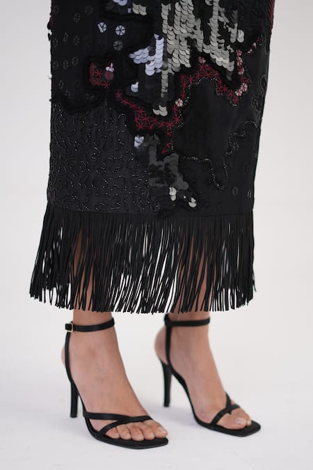 Shop Betrue Black Silk Sequins, Beads, Fringe Artisan Threadwork Embroidered Skirt Online at Aza Fashions Shop_Betrue_Black Silk Sequins, Beads, Fringe Artisan Threadwork Embroidered Skirt _Online_at_Aza_Fashions