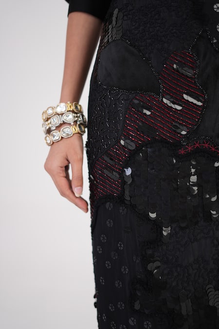 Betrue Black Silk Sequins, Beads, Fringe Artisan Threadwork Embroidered Skirt at Aza Fashions Betrue_Black Silk Sequins, Beads, Fringe Artisan Threadwork Embroidered Skirt _at_Aza_Fashions