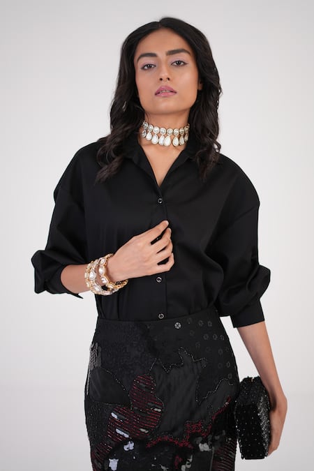 Buy Betrue Black Silk Sequins, Beads, Fringe Artisan Threadwork Embroidered Skirt Buy_Betrue_Black Silk Sequins, Beads, Fringe Artisan Threadwork Embroidered Skirt