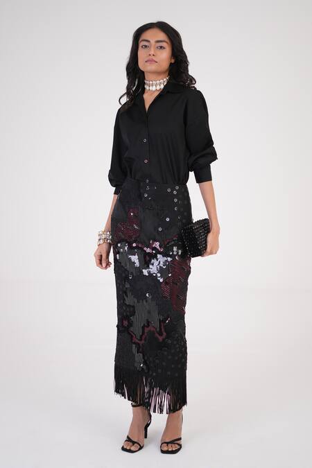 Shop Betrue Black Silk Sequins, Beads, Fringe Artisan Threadwork Embroidered Skirt Shop_Betrue_Black Silk Sequins, Beads, Fringe Artisan Threadwork Embroidered Skirt