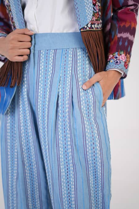 Shop Betrue Blue Tencel, Denim Embroidery Effortless Luxury Pant Online at Aza Fashions Shop_Betrue_Blue Tencel, Denim Embroidery Effortless Luxury Pant _Online_at_Aza_Fashions