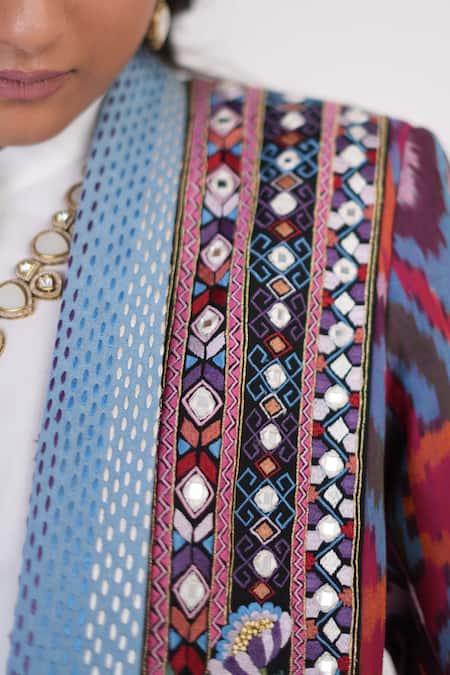 Betrue_Multi Color Cotton Embroidery, Mirrors, Fringe Open Neck Artful Chaos Jacket _at_Aza_Fashions