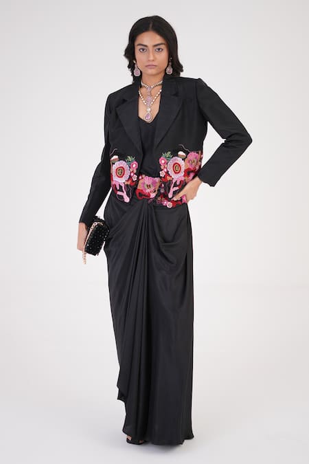 Buy Betrue Black Silk Embroidery, Sequins, Beads V-neck Muse Jacket And Skirt Set Online at Aza Fashions Buy_Betrue_Black Silk Embroidery, Sequins, Beads V-neck Muse Jacket And Skirt Set _Online_at_Aza_Fashions