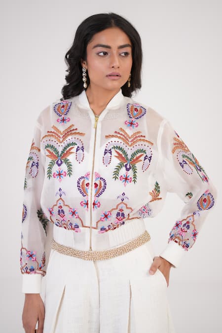 Betrue White Organza Embroidery Crew Neck Artisan Bomber Jacket