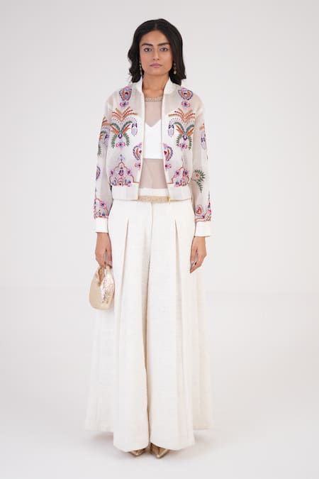 Buy Betrue White Organza Embroidery Crew Neck Artisan Bomber Jacket Online at Aza Fashions Buy_Betrue_White Organza Embroidery Crew Neck Artisan Bomber Jacket _Online_at_Aza_Fashions