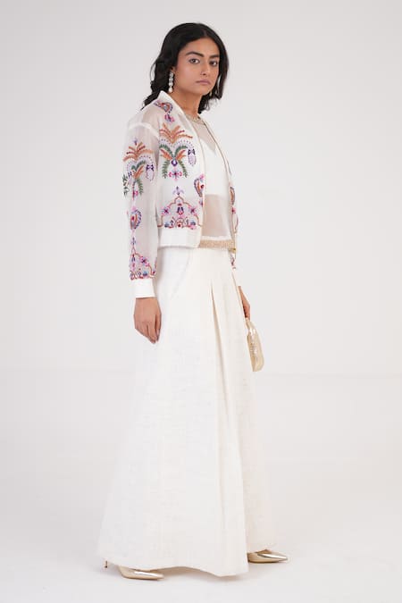 Shop Betrue White Organza Embroidery Crew Neck Artisan Bomber Jacket Online at Aza Fashions Shop_Betrue_White Organza Embroidery Crew Neck Artisan Bomber Jacket _Online_at_Aza_Fashions