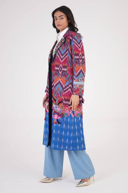 Buy_Betrue_Multi Color Cotton Embroidery, Beads Collared Printed Legacy Long Jacket _Online_at_Aza_Fashions