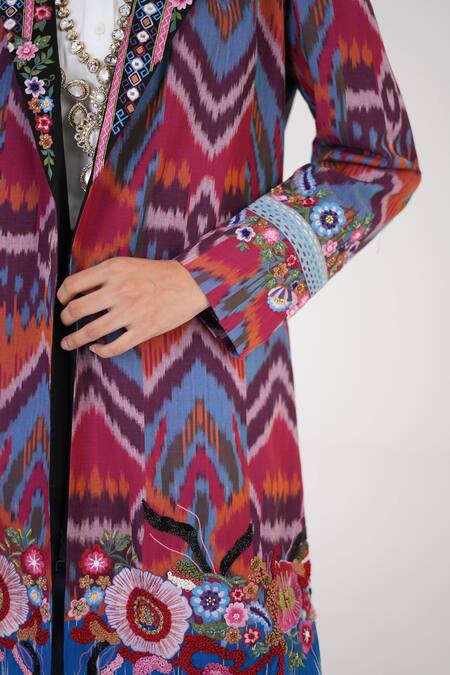 Shop_Betrue_Multi Color Cotton Embroidery, Beads Collared Printed Legacy Long Jacket 