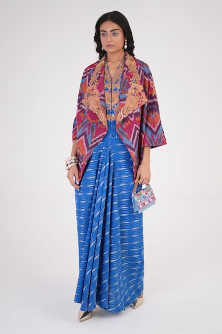 Buy_Betrue_Multi Color , Handloom Embroidery Abstract Pattern Cape Skirt Set _Online_at_Aza_Fashions