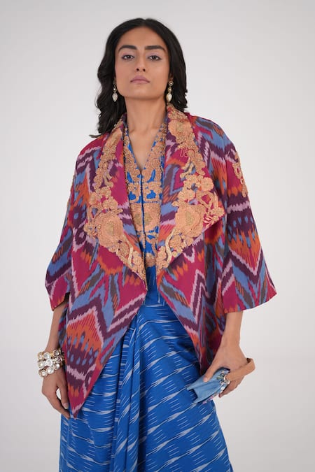 Betrue_Multi Color , Handloom Embroidery Abstract Pattern Cape Skirt Set _at_Aza_Fashions