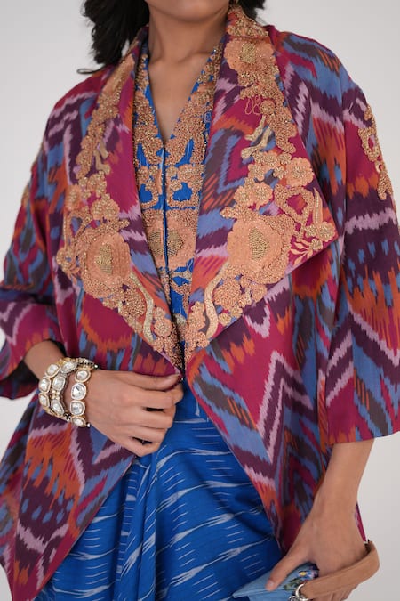 Buy_Betrue_Multi Color , Handloom Embroidery Abstract Pattern Cape Skirt Set 