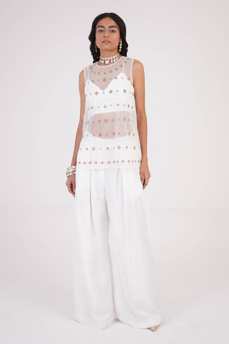 Shop Betrue White Net Embroidery Round Neck Golden Ivory Top Online at Aza Fashions Shop_Betrue_White Net Embroidery Round Neck Golden Ivory Top _Online_at_Aza_Fashions