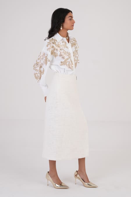 Shop_Betrue_White Cotton, Poplin Embroidery, Cut Work Collared Feathered Gold Shirt _Online_at_Aza_Fashions