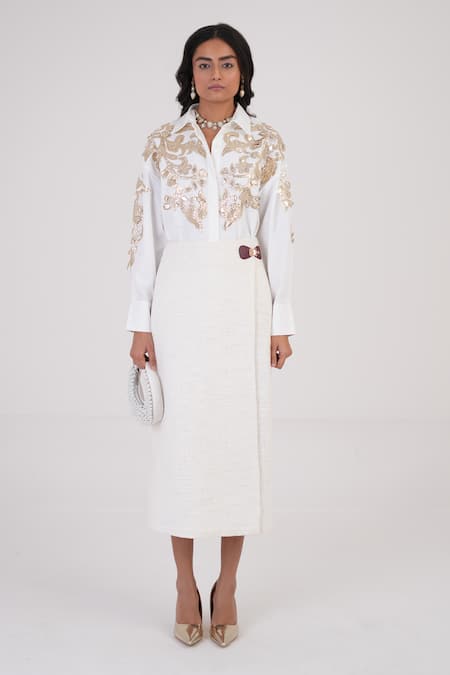 Betrue_White Cotton, Poplin Embroidery, Cut Work Collared Feathered Gold Shirt _at_Aza_Fashions