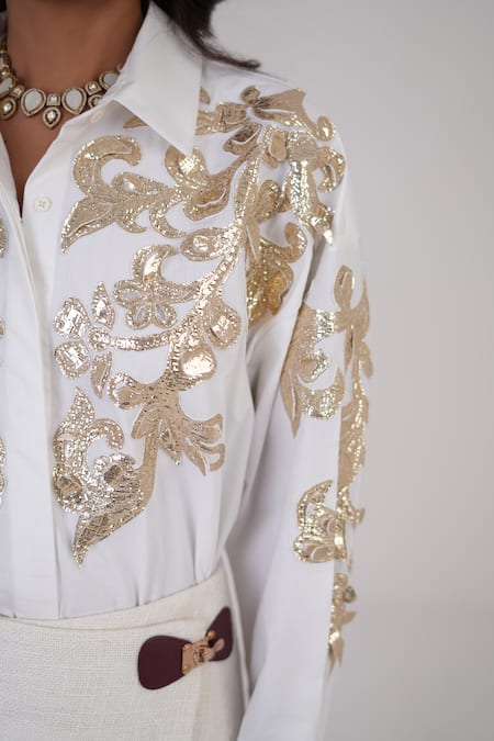 Buy_Betrue_White Cotton, Poplin Embroidery, Cut Work Collared Feathered Gold Shirt 