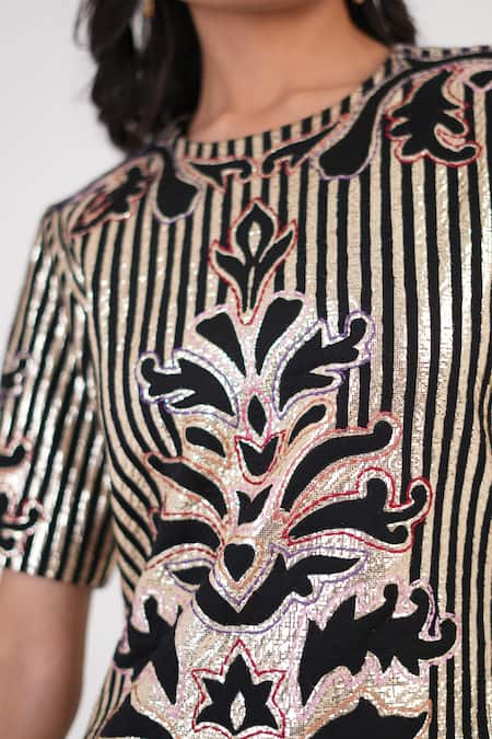 Buy_Betrue_Multi Color Cotton Satin Metallic Thread, Patchwork Round Eclectic Short Dress _Online_at_Aza_Fashions