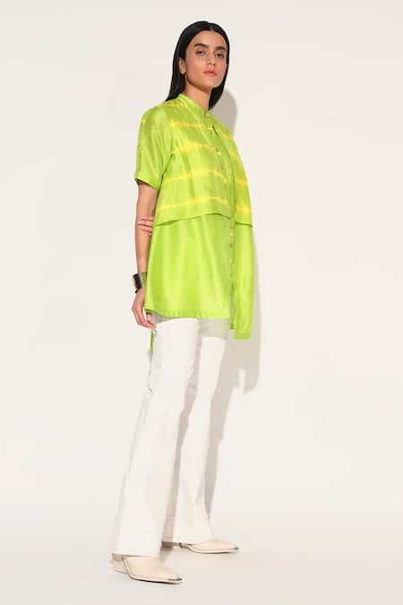 Linetribe__Green Viscose, Silk Collared, Mandarin Zephyra Shibori Striped Shirt _Online_at_Aza_Fashions