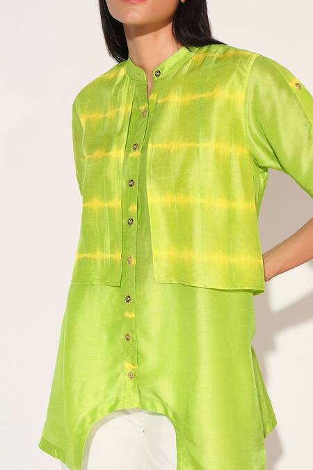 Buy_Linetribe__Green Viscose, Silk Collared, Mandarin Zephyra Shibori Striped Shirt _Online_at_Aza_Fashions