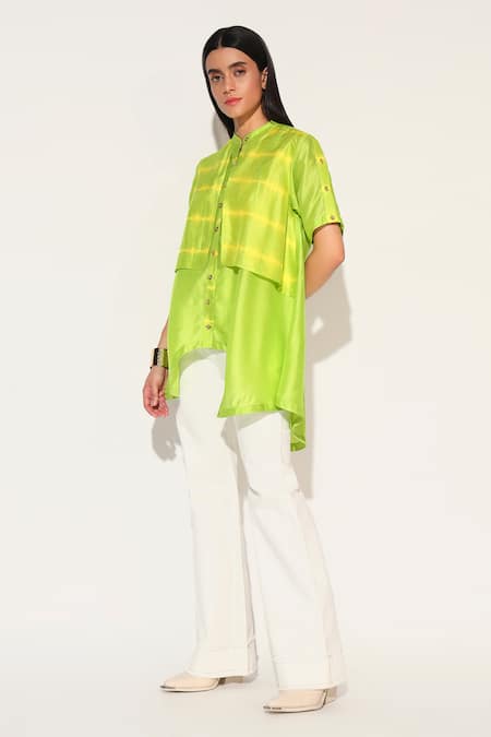 Shop_Linetribe__Green Viscose, Silk Collared, Mandarin Zephyra Shibori Striped Shirt _Online_at_Aza_Fashions