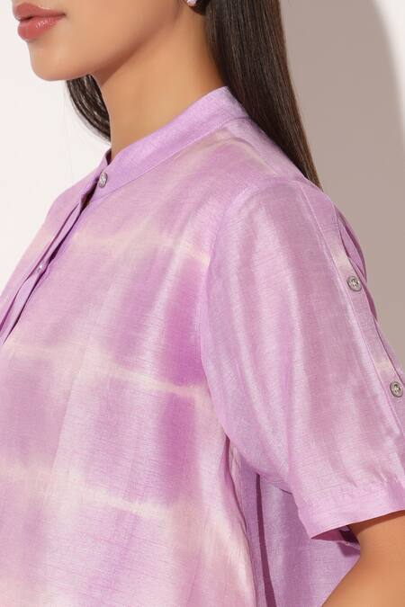 Buy_Linetribe__Purple Viscose, Silk Collared Zephyra Shibori Striped Pattern Shirt _Online_at_Aza_Fashions