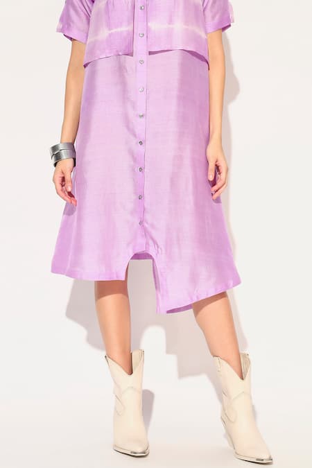 Linetribe__Purple Viscose, Silk Collared Auralis Asymmetric Shirt Dress _Online_at_Aza_Fashions