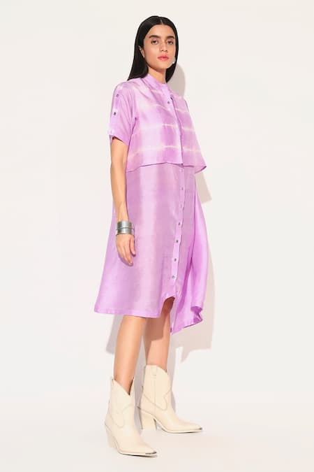 Buy_Linetribe__Purple Viscose, Silk Collared Auralis Asymmetric Shirt Dress _Online_at_Aza_Fashions