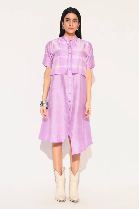 Linetribe__Purple Viscose, Silk Collared Auralis Asymmetric Shirt Dress _at_Aza_Fashions