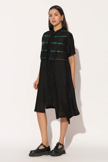 Shop_Linetribe__Black Viscose, Silk Collared Auralis Asymmetric Shirt Dress _Online_at_Aza_Fashions