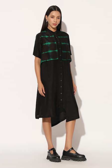 Shop_Linetribe__Black Viscose, Silk Collared Auralis Asymmetric Shirt Dress 